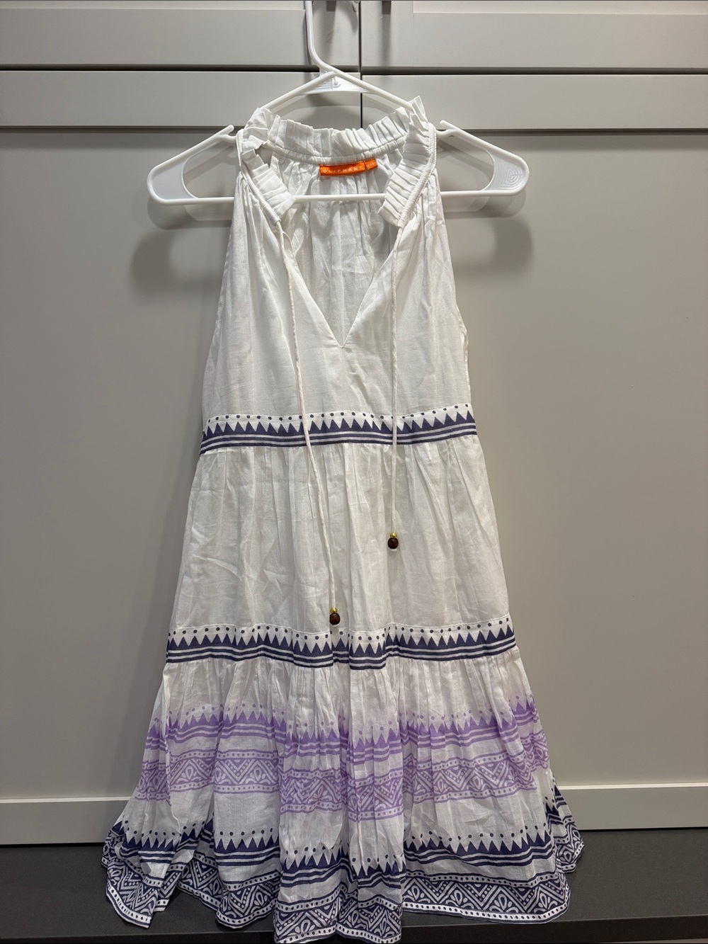 Oliphant Designs White Halter Sundress with Purple and Navy Trim